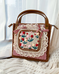 Plush Crocheted Floral Handheld Square Bag