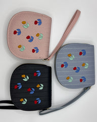 Embroidered Zipper Leather Wallet