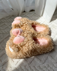 Cute Fluffy Little Girl Face Pink Bow Slippers