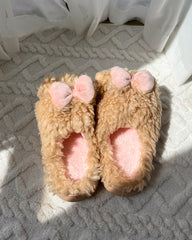 Cute Fluffy Little Girl Face Pink Bow Slippers