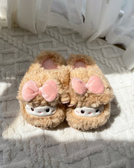 Cute Fluffy Little Girl Face Pink Bow Slippers