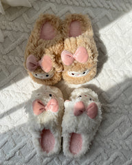 Cute Fluffy Little Girl Face Pink Bow Slippers