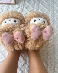 Cute Fluffy Little Girl Face Pink Bow Slippers