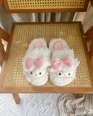 Cute Fluffy Little Girl Face Pink Bow Slippers