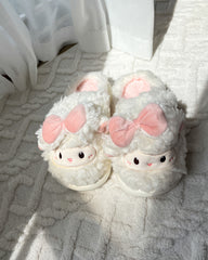 Cute Fluffy Little Girl Face Pink Bow Slippers