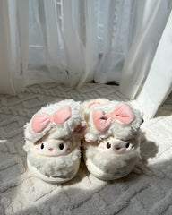 Cute Fluffy Little Girl Face Pink Bow Slippers