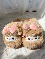 Cute Fluffy Little Girl Face Pink Bow Slippers