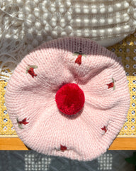 Hand Knit Baby Pompom and Knit Rose Hat