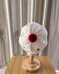 Hand Knit Baby Pompom and Knit Rose Hat