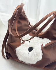 Cute Fuzzy Westie Dog Leather Tote Bag