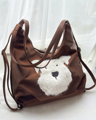 Cute Fuzzy Westie Dog Leather Tote Bag