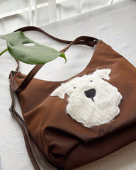 Cute Fuzzy Westie Dog Leather Tote Bag