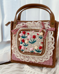 Plush Crocheted Floral Handheld Square Bag