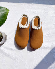 Brown Suede Sheepskin-Lined Clogs Slippers